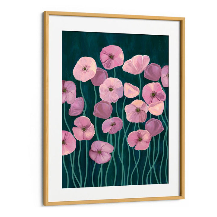 Vibrant PINK POPPIES II, FLORAL FLOWER PAINTINGS, showcase delicate pink blooms against a dark background. Perfect for decor.