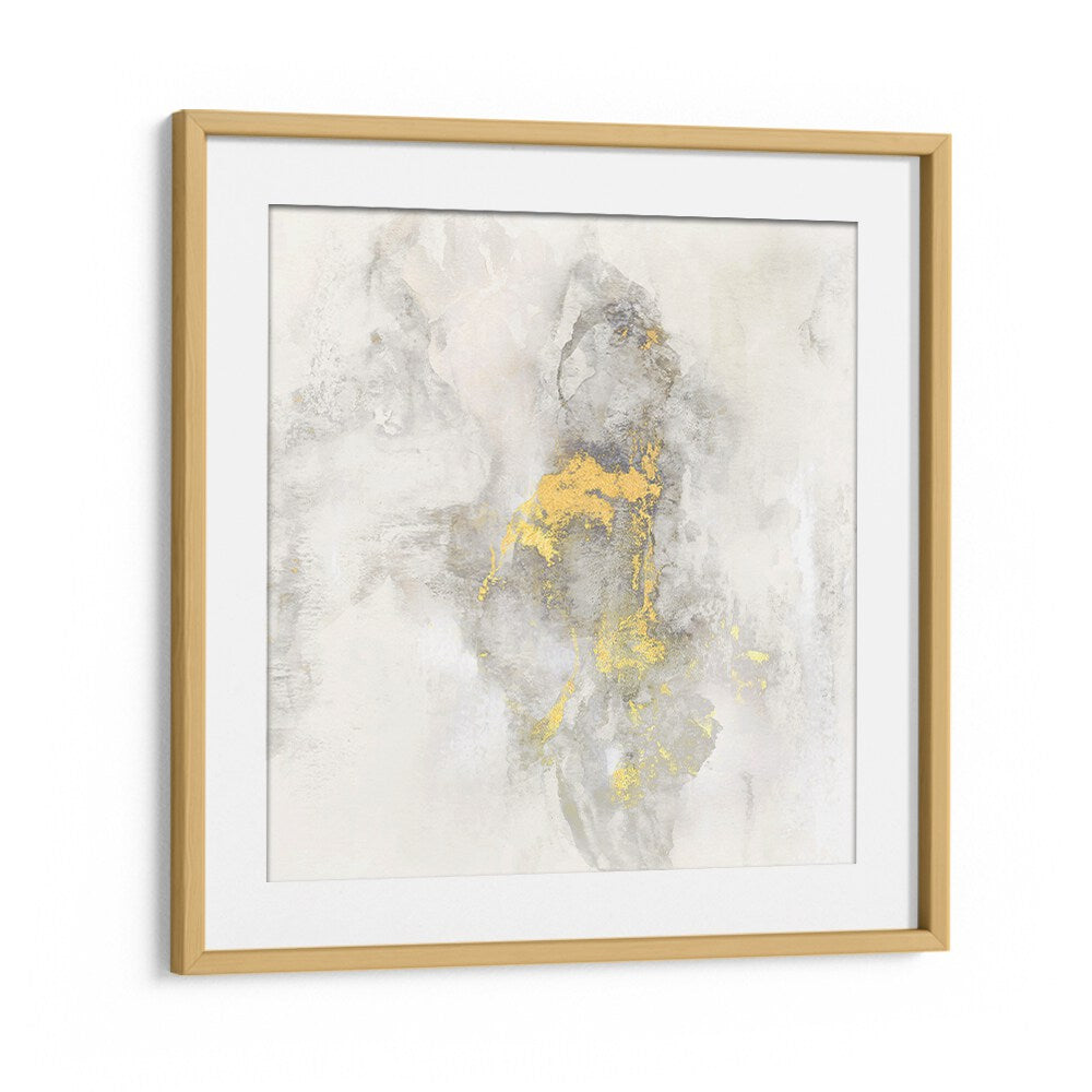 Abstract painting "YOSEMITE FALLS I" features soft grays and striking gold accents, perfect for modern decor.
