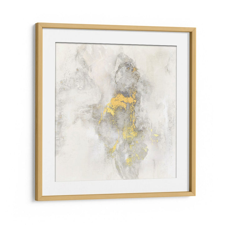 Abstract painting "YOSEMITE FALLS I" features soft grays and striking gold accents, perfect for modern decor.