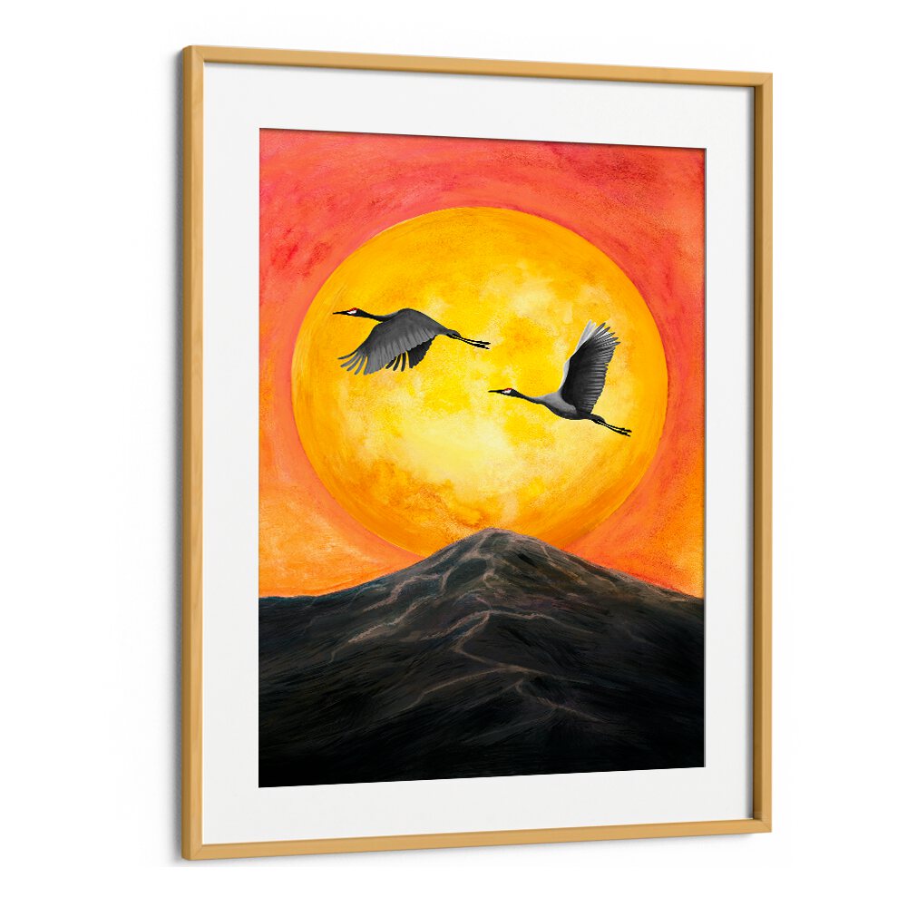 Vibrant sunset with flying cranes, featured in ON OUR WAY, LANDSCAPE PAINTINGS from Oakwood Mount.