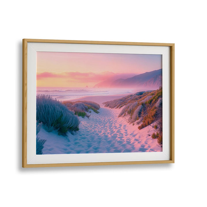 Serene sunset over a sandy beach path in "SUNSET SAND PATH, BEACH PAINTINGS" by Philippe Hugonnard.