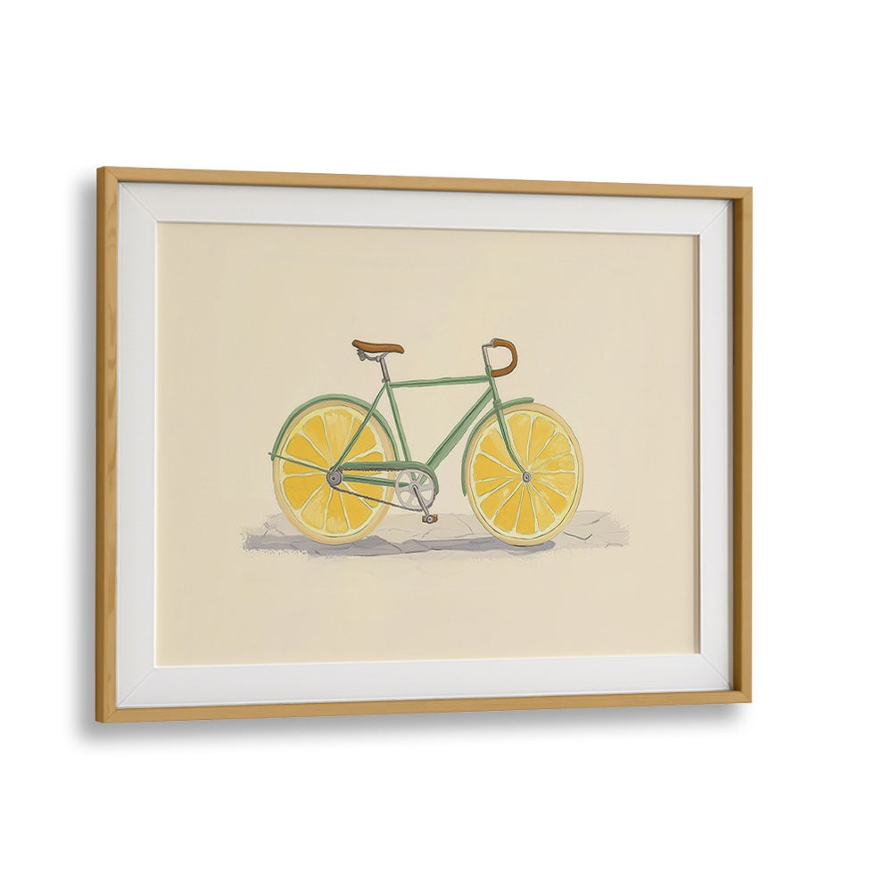 Vibrant BICYCLE WITH LEMON WHEELS, KITCHEN POSTERS, adding a splash of color to your home decor. Perfect for cycling enthusiasts!