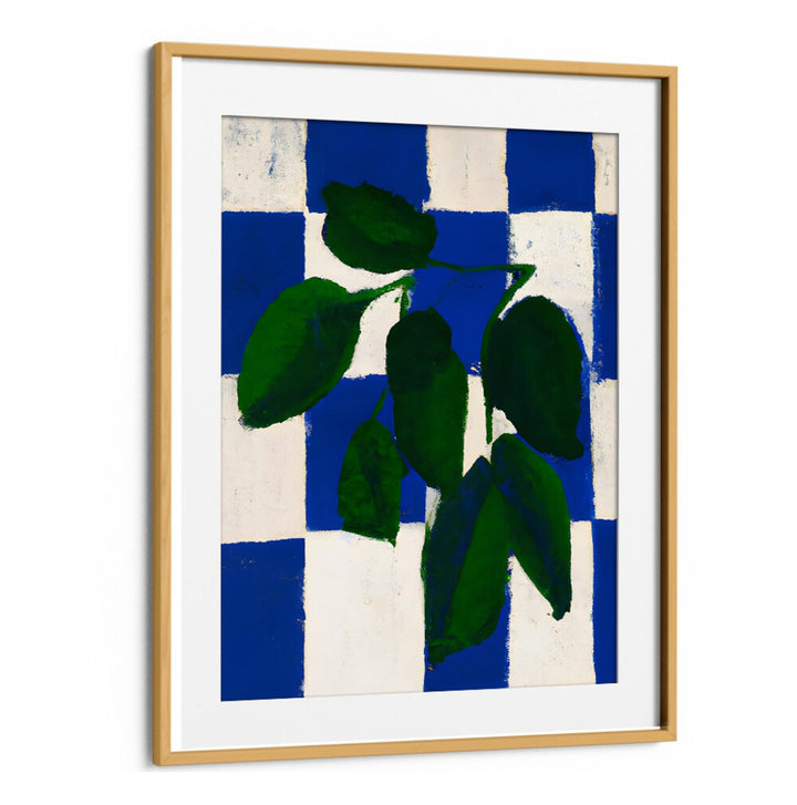 CHECKERED GREENERY , KITCHEN POSTERS featuring vibrant green leaves on a blue and white checkered background by Oakwood Mount.
