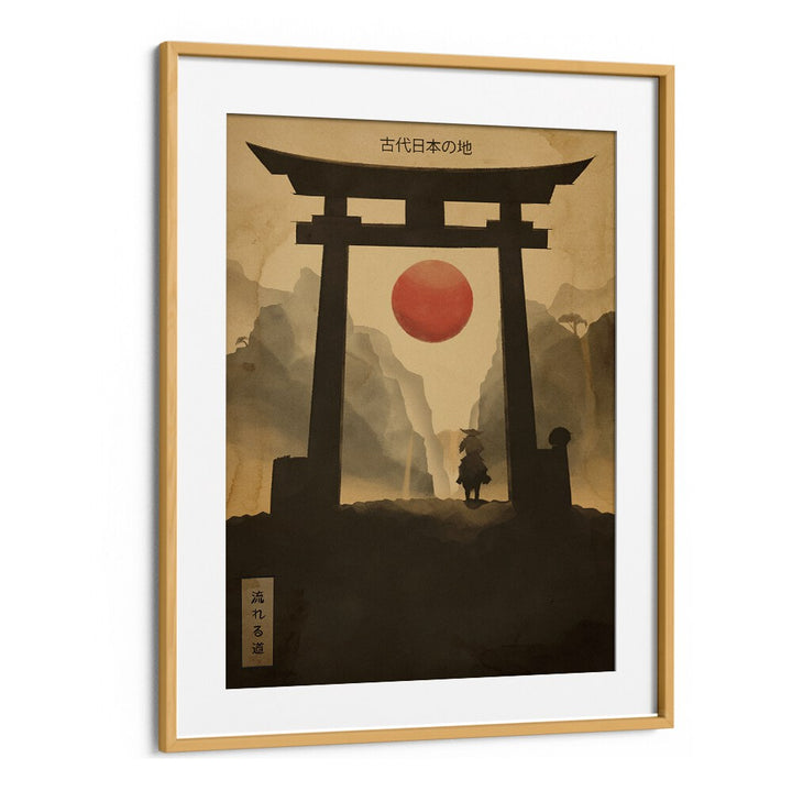 Elegant FLOWING PATH, JAPANESE PAINTINGS artwork featuring a serene landscape with a torii gate and sunset. Perfect for home decor.