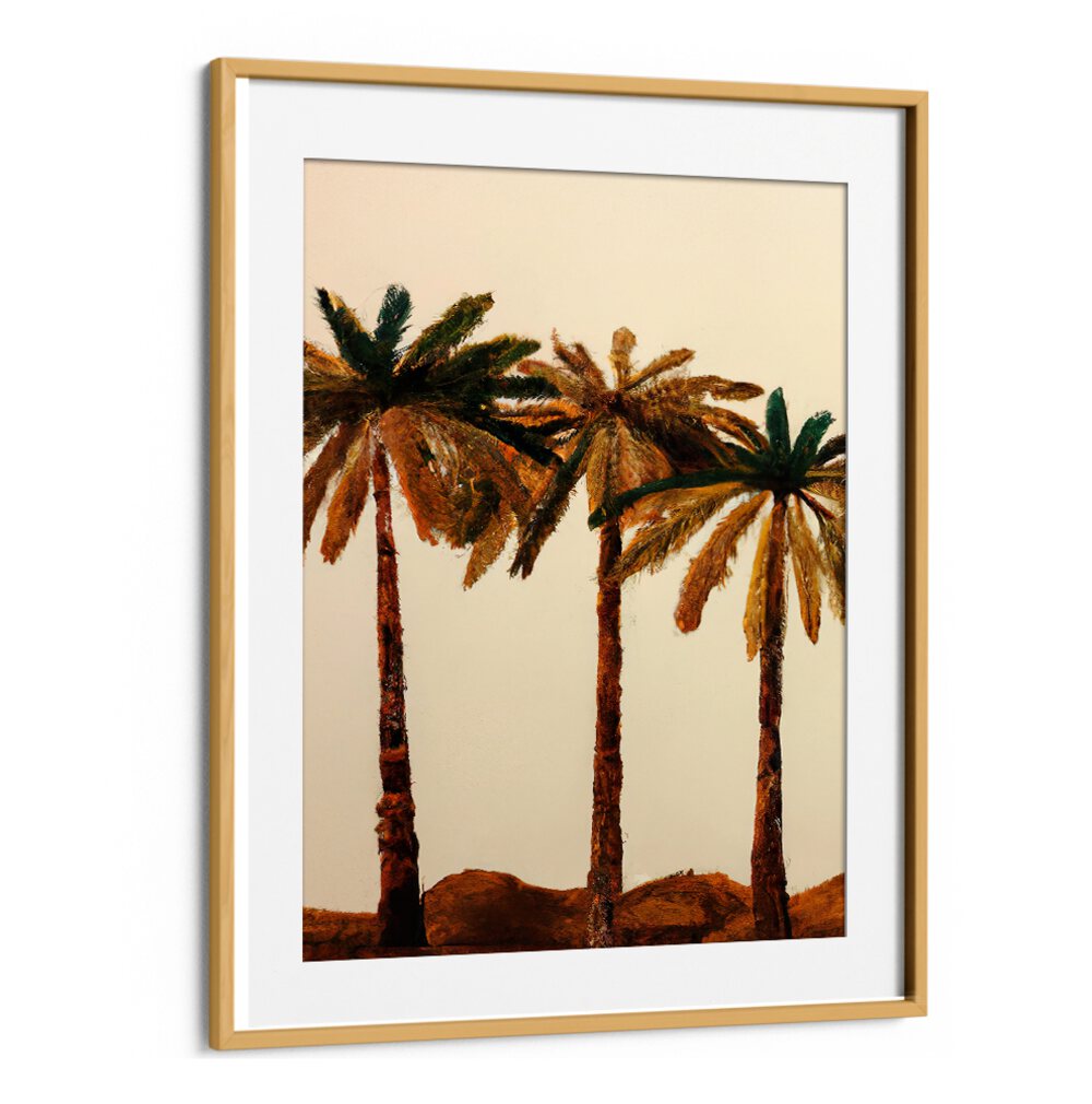 PALM TRIO , BEACH PAINTINGS featuring three palm trees with warm earth tones by Oakwood Mount for tranquil decor.