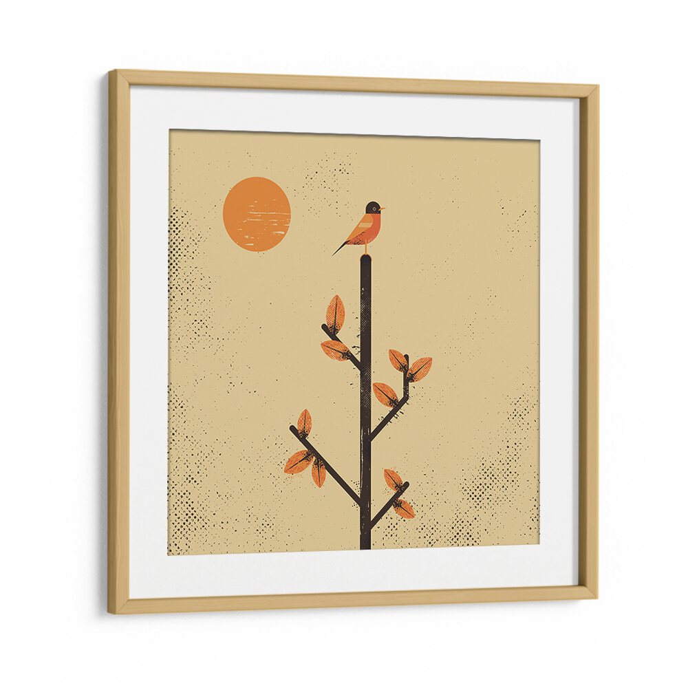 Framed artwork showcasing a bird on a branch, part of THE MIGRATION, ANIMAL PAINTINGS collection by Oakwood Mount.