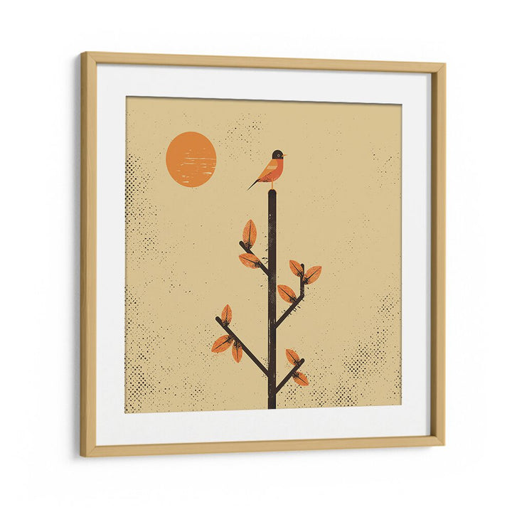 Framed artwork showcasing a bird on a branch, part of THE MIGRATION, ANIMAL PAINTINGS collection by Oakwood Mount.