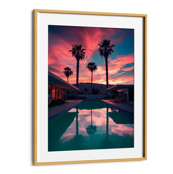 Vibrant sunset reflecting in a pool, showcasing FALLING OF THE NIGHT II, BEACH PAINTINGS for serene spaces.