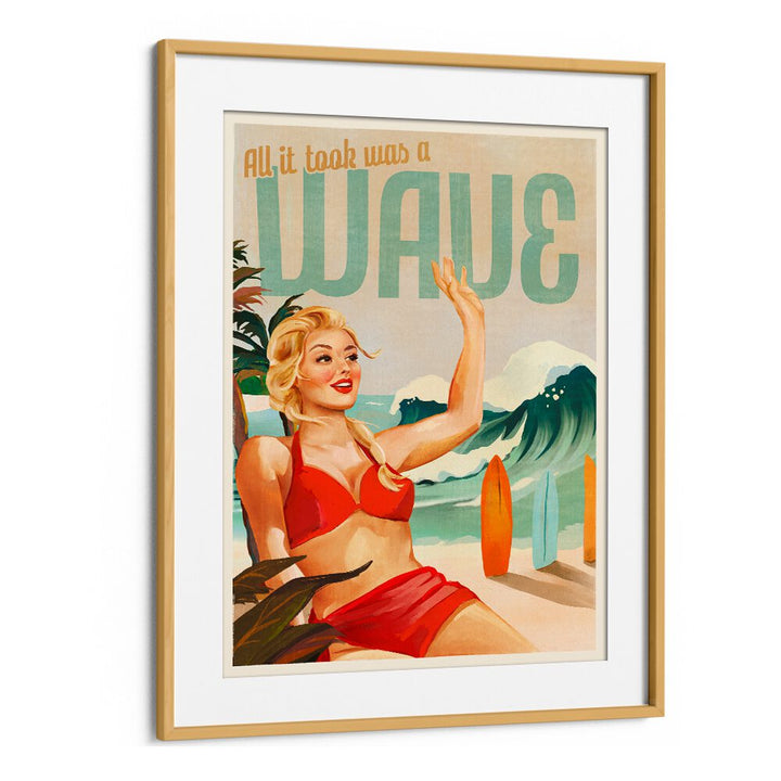 SURFING PINUP GIRL ON BEACH IN BIKINI BY THE WHISKEY GINGER , WOMEN ILLUSTRATION PAINTINGS