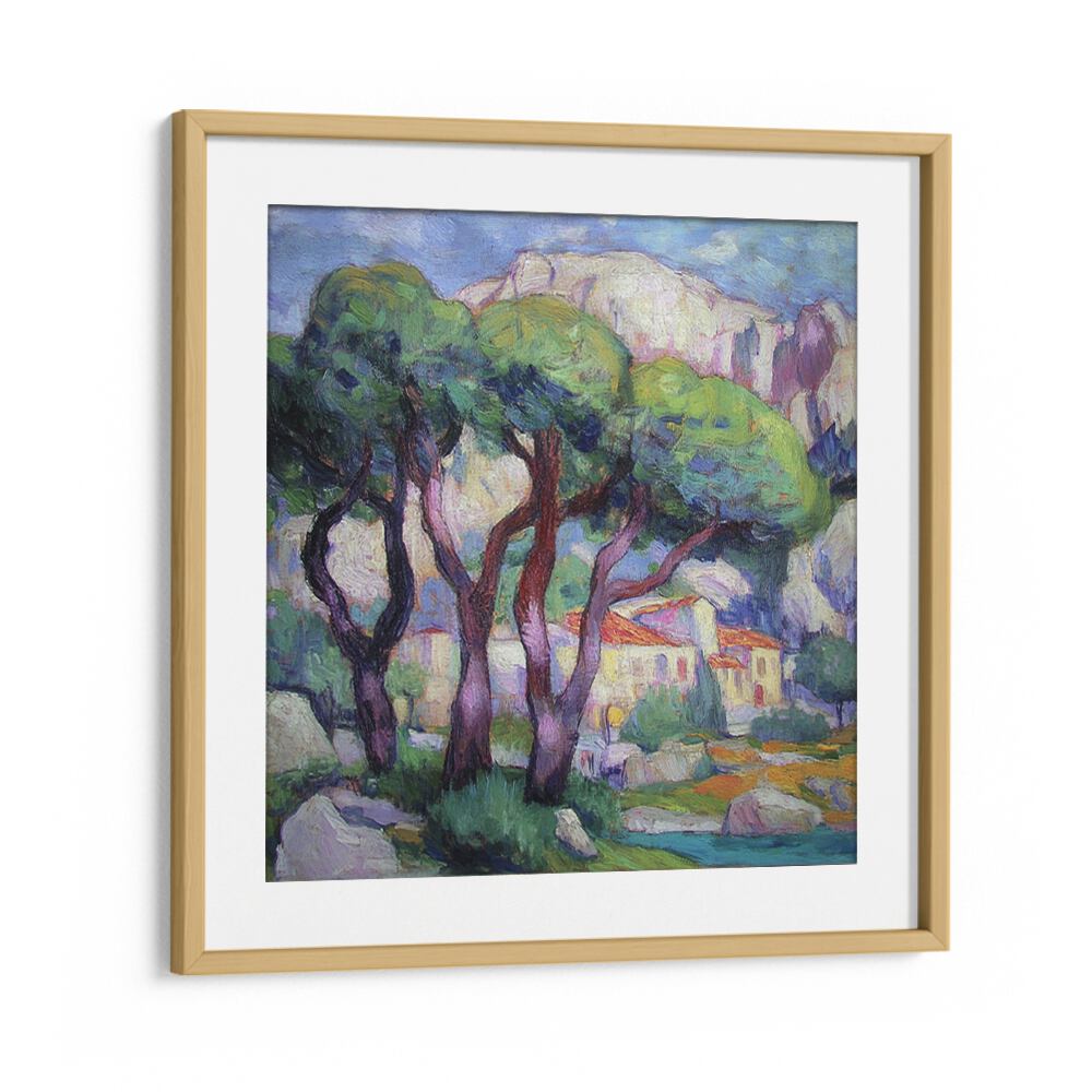 Stunning artwork showcasing PINE TREES IN FRONT OF THE HOUSE, adding nature's beauty to your living space.