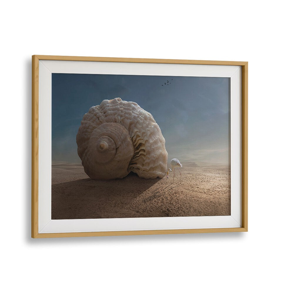 Surreal scene featuring a giant shell and flamingo, part of WHAT'S INSIDE, PHOTOGRAPHY PRINTS collection.