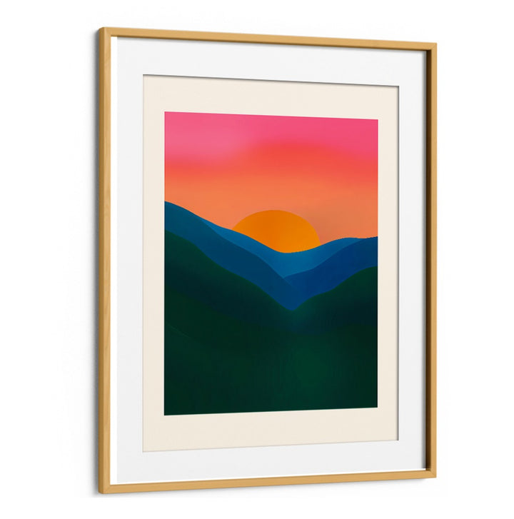 ECHO , LANDSCAPE PAINTINGS showcase a vibrant sunset over layered blue and green hills in a sleek OakwoodMount frame.