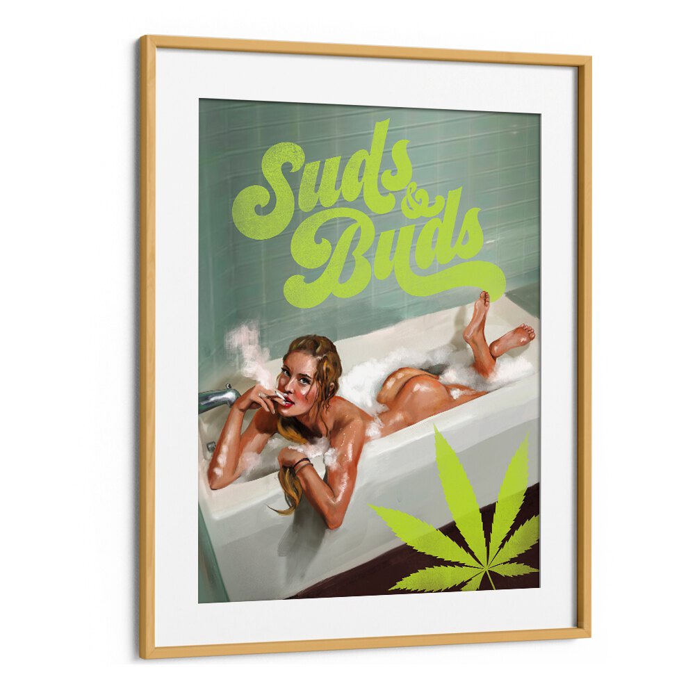 SUDS BUDS SEXY GIRL SMOKING CANNABIS JOINT IN BATH BY THE WHISKEY GINGER , WOMEN ILLUSTRATION PAINTINGS