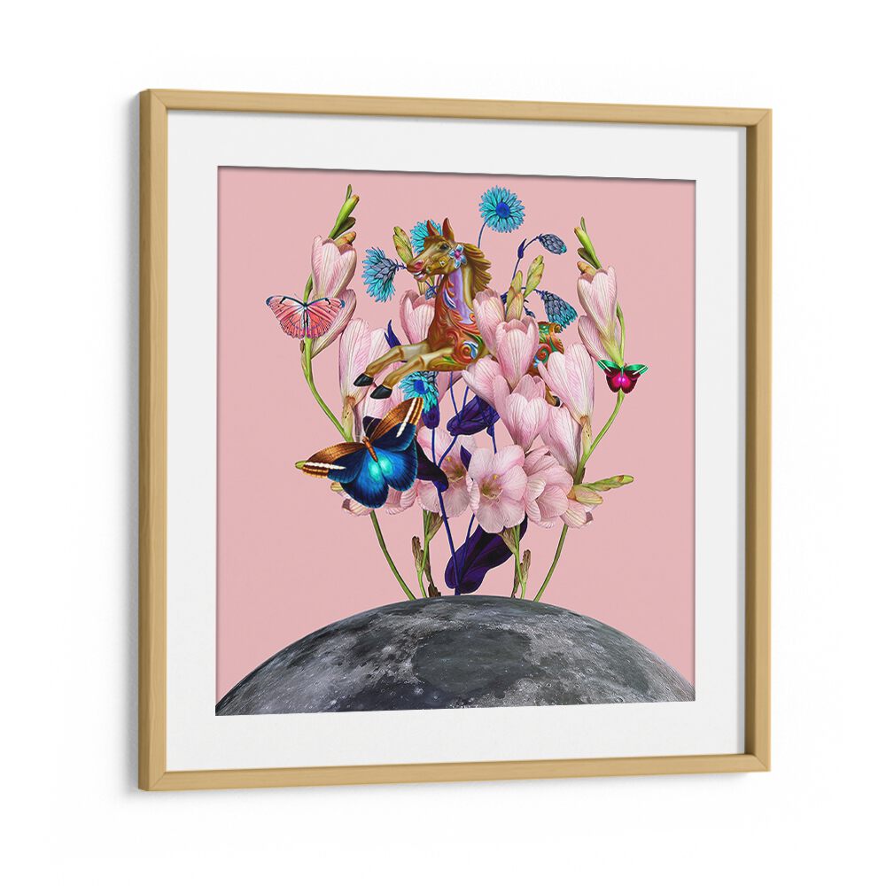 Whimsical FLYING HORSE OVER THE MOON, SURREAL ART PRINTS, adding magic to your decor with enchanting design.