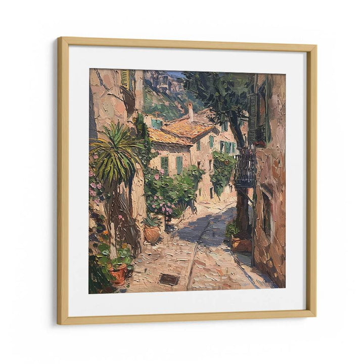 Stylish artwork titled STREET IN MALLORCA II, showcasing a charming cobblestone street adorned with greenery.