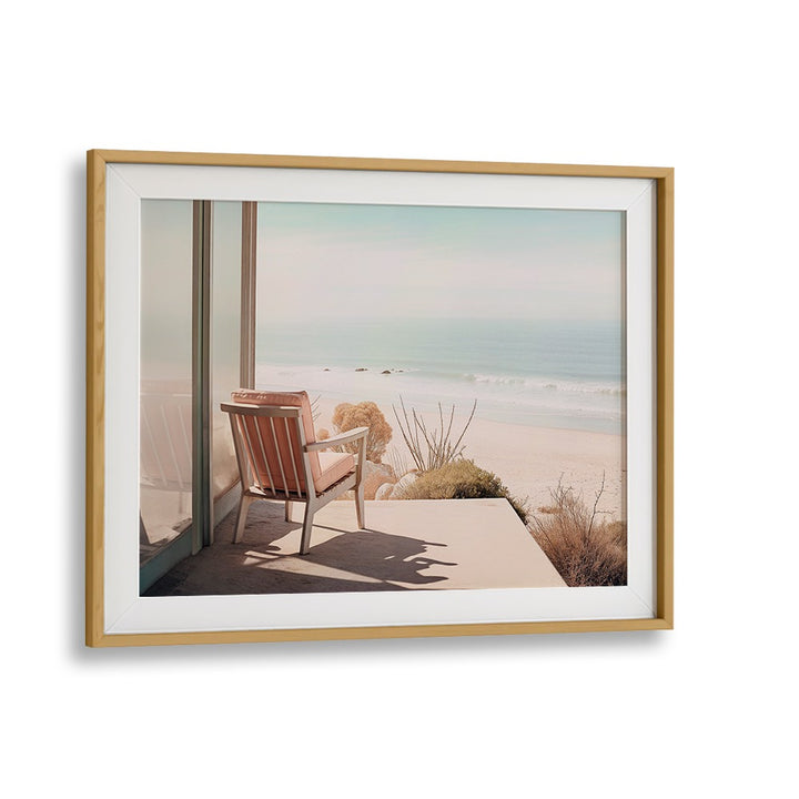 Tranquil beach scene with a chair overlooking the ocean, perfect for ALONE IN THE OCEAN , BEACH PAINTINGS collection.