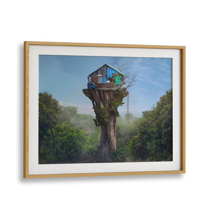 Surreal "House in the Sky" photography prints showcase a dreamlike treehouse surrounded by lush greenery.