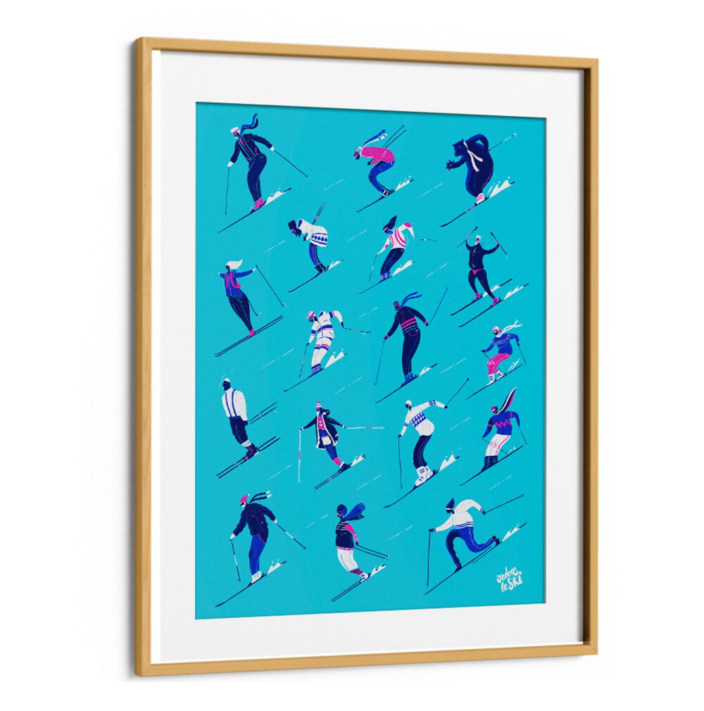 Colorful LE SKI BLUE, SPORTS POSTERS showcasing skiers in action, perfect for winter sports enthusiasts.