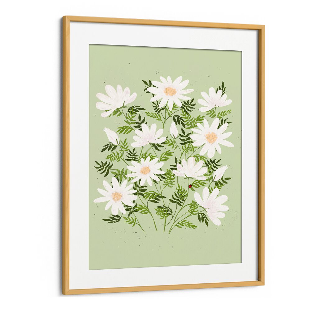 Charming LADYBUG FLOWERS, FLORAL FLOWER PAINTINGS with white blooms against a soft green background, perfect for decor.