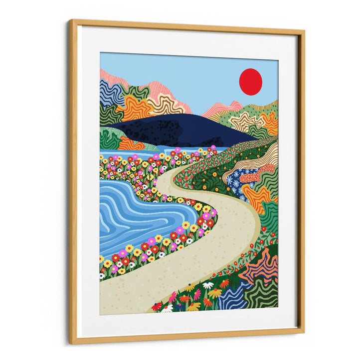 Vibrant SOOTHING HORIZON, LANDSCAPE PAINTINGS showcase a serene path through colorful flowers and calming scenery.
