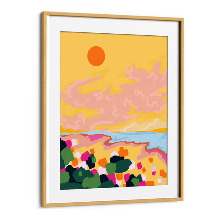 Vibrant SUN EMBRACE, LANDSCAPE PAINTINGS showcasing a sunny beach scene with colorful flora and a radiant sun.