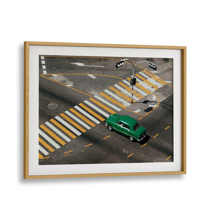 Stylish GREEN CAR, PHOTOGRAPHY PRINTS capturing urban life vibes with vibrant colors and dynamic street scenes.