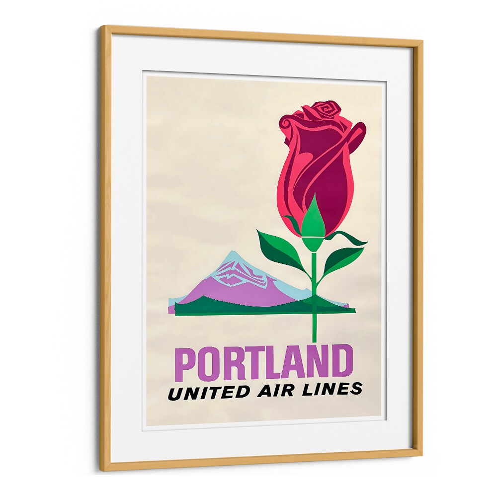 Colorful PORTLAND UNITED AIR LINES, VINTAGE TRAVEL POSTERS featuring a rose and mountain, perfect for travel enthusiasts.