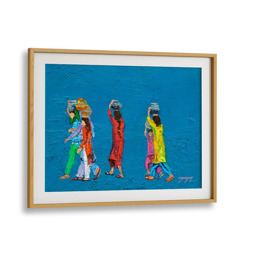Vibrant WOMEN WITH BASKETS, INDIAN ART PAINTINGS showcasing colorful figures against a striking blue background.