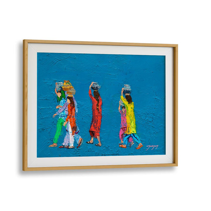 Vibrant WOMEN WITH BASKETS, INDIAN ART PAINTINGS showcasing colorful figures against a striking blue background.