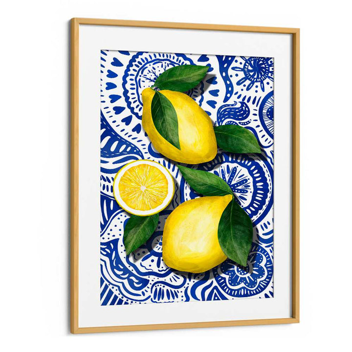 Bright yellow lemons on a blue patterned background, perfect for LIMONES, KITCHEN POSTERS, enhancing any kitchen decor.