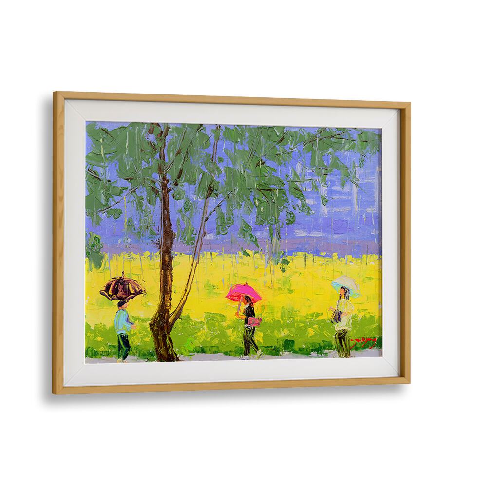 RAPE FLOWER RAINY DAY, INDIAN ART PAINTINGS showcases vibrant umbrellas against a yellow field, capturing serene beauty.