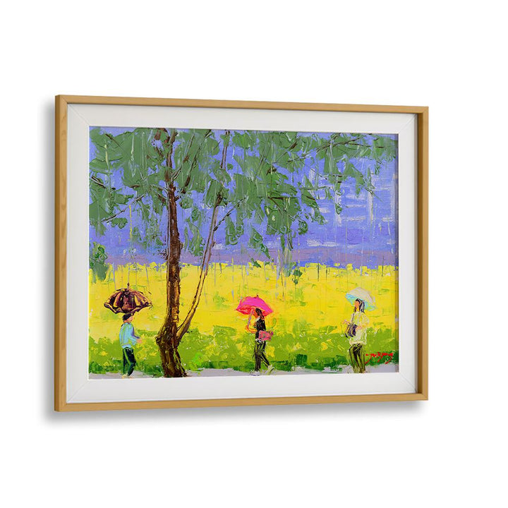 RAPE FLOWER RAINY DAY, INDIAN ART PAINTINGS showcases vibrant umbrellas against a yellow field, capturing serene beauty.