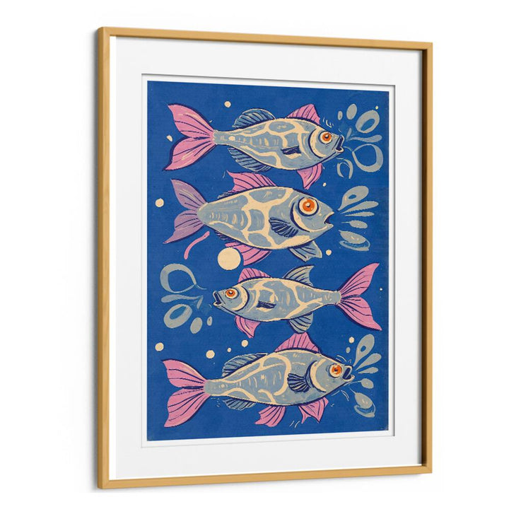 Colorful fish swim against a blue background in the OCEANIC LIFE - FISHES, BEACH PAINTINGS, perfect for coastal decor.