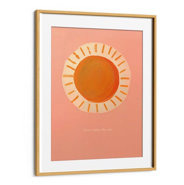 HERE COMES THE SUN , KIDS ROOM PAINTINGS with a bright orange sun on pink background by Oakwood Mount.