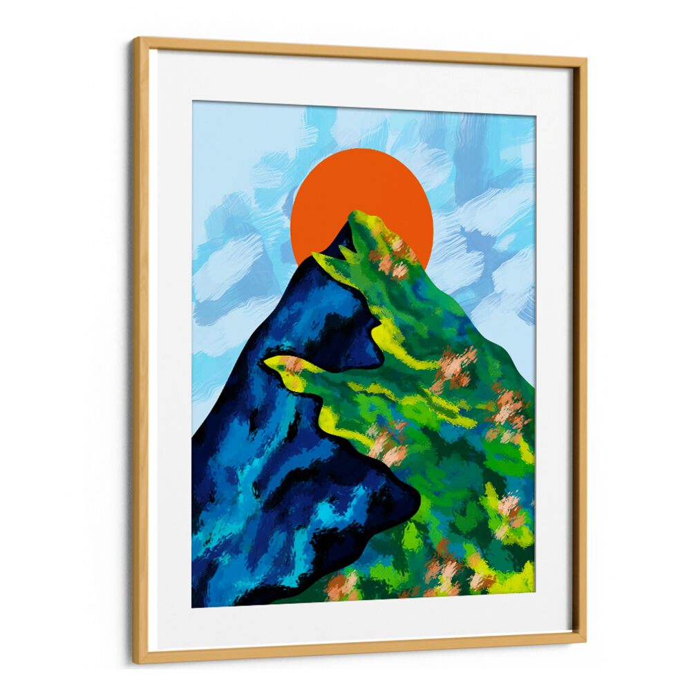 Vibrant BRIGHT HORIZON landscape painting features mountains and a sunset, perfect for home or office decor.