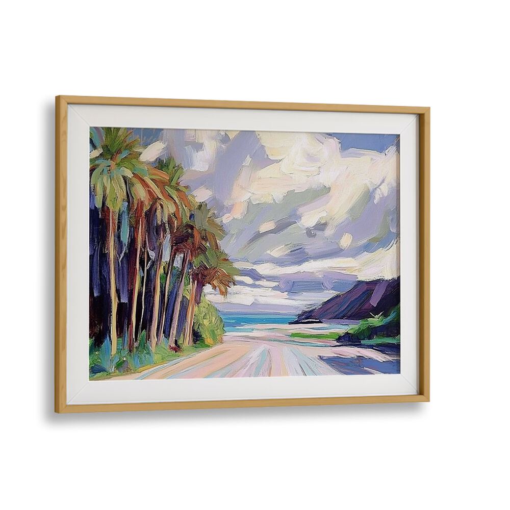 Vibrant artwork of palm trees lining the ROAD TO THE BEACH, perfect for beach lovers and coastal decor enthusiasts.