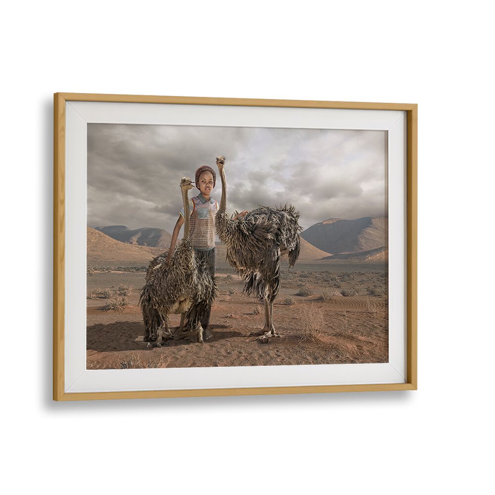 Surreal OSTRICH BOY, PHOTOGRAPHY PRINTS featuring a child with ostriches, perfect for unique art lovers.