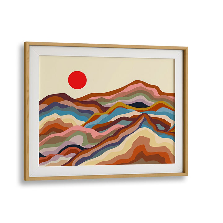 Vibrant EARTHEN MAJESTY, LANDSCAPE PAINTINGS showcase colorful mountains and sun, perfect for elegant home decor.