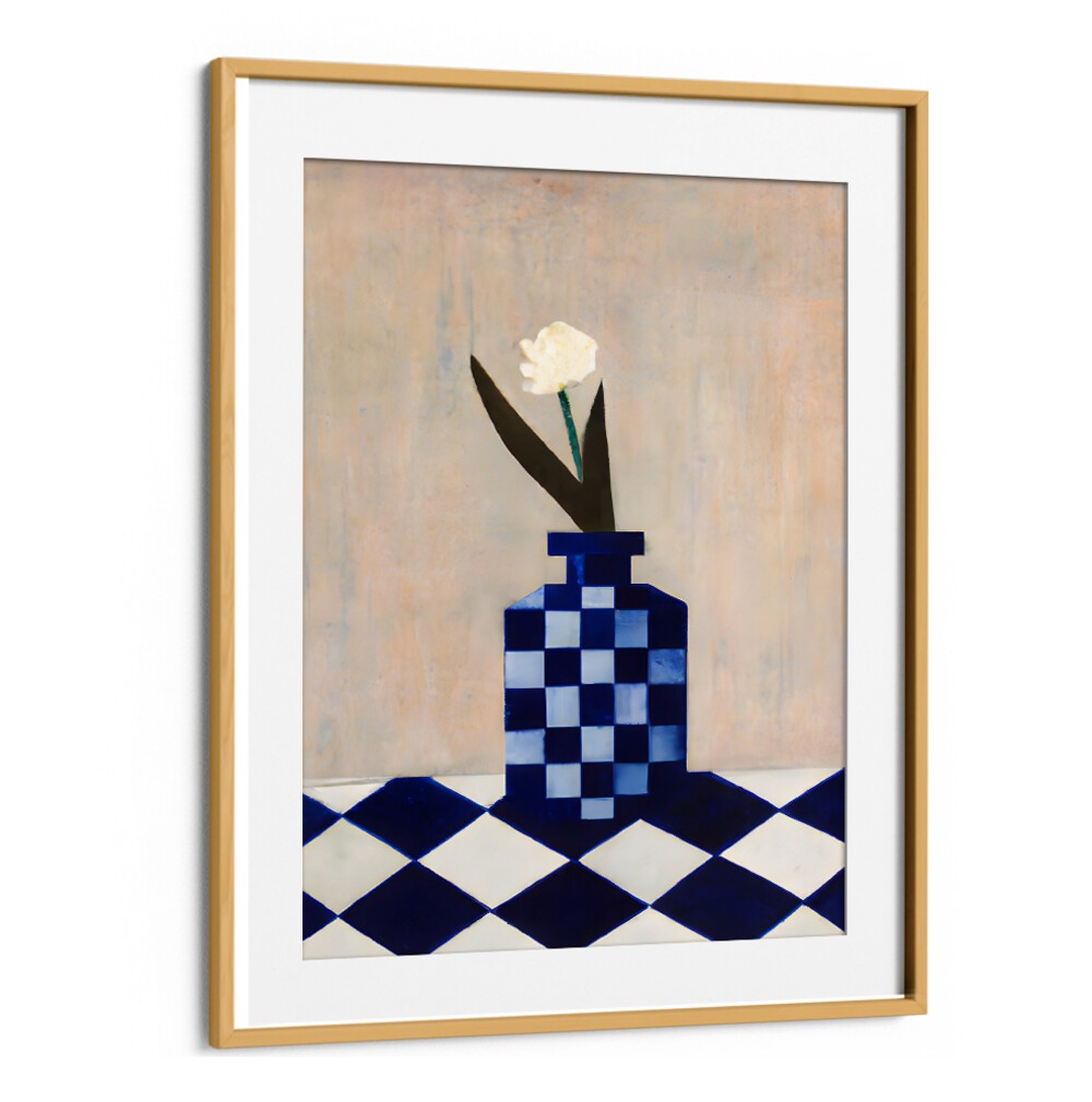 CHECK THE VASE , KITCHEN POSTERS featuring a blue checkered vase with a white flower on a matching table by Oakwood Mount.