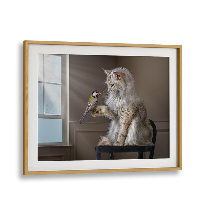 Surreal cat and bird scene in a frame, perfect for your collection of HELLO FRIEND, PHOTOGRAPHY PRINTS.