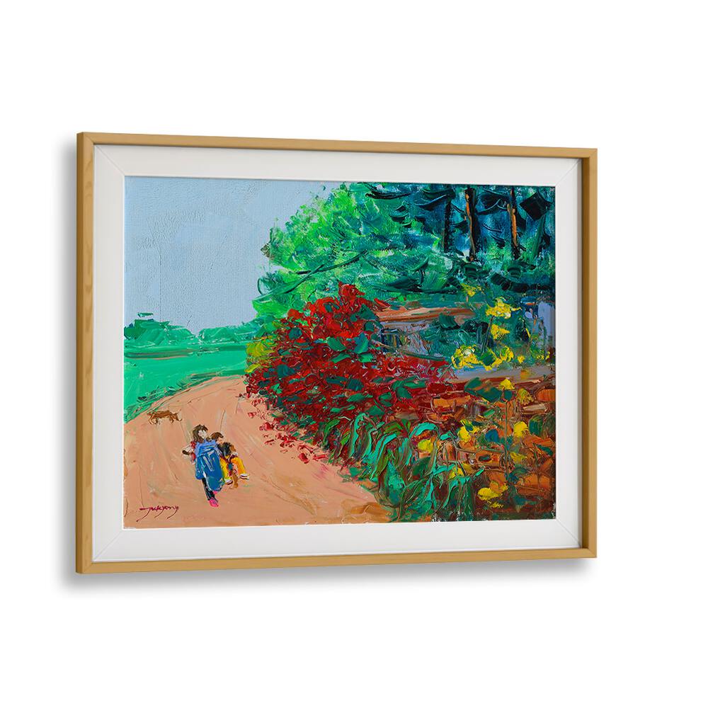 A vibrant WILD ROSE WALL PATH, LANDSCAPE PAINTINGS showcasing a serene outdoor scene with lush greenery and flowers.