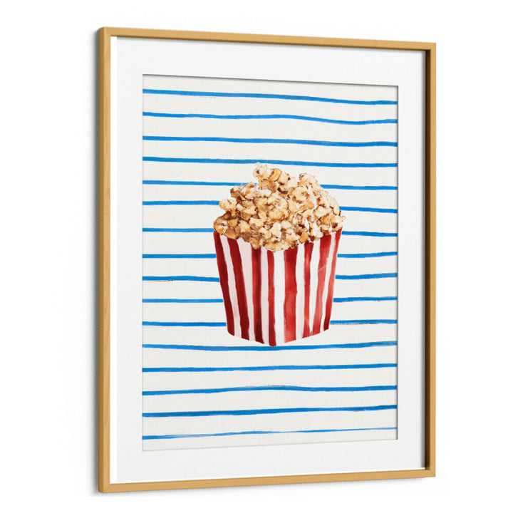 POPCORN TIME , BAR artwork featuring striped popcorn box on blue lines, adding vibrant cafe culture style by Oakwood Mount.