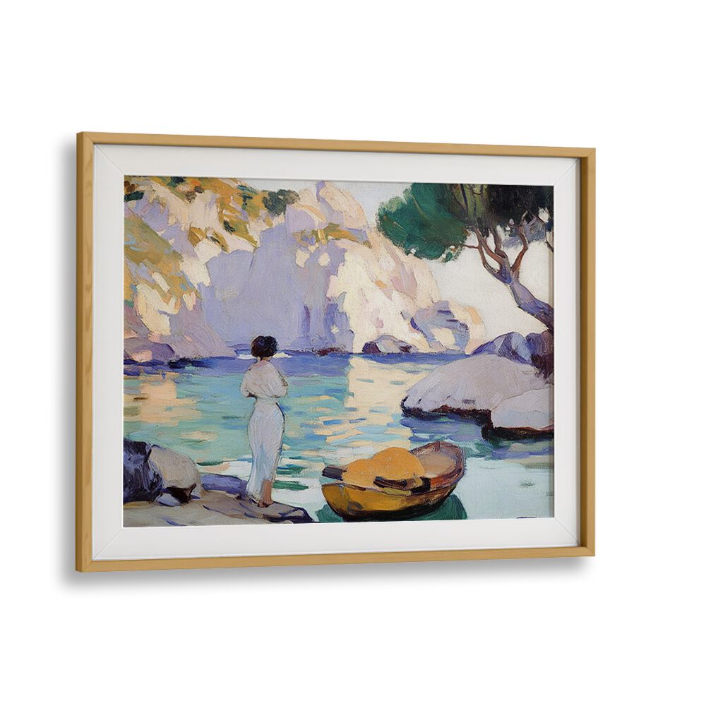 A serene WOMAN IN A BOAT gracefully navigates tranquil waters, adding elegance to any space. Perfect for art lovers.