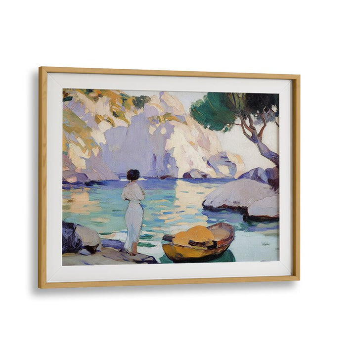 A serene WOMAN IN A BOAT gracefully navigates tranquil waters, adding elegance to any space. Perfect for art lovers.