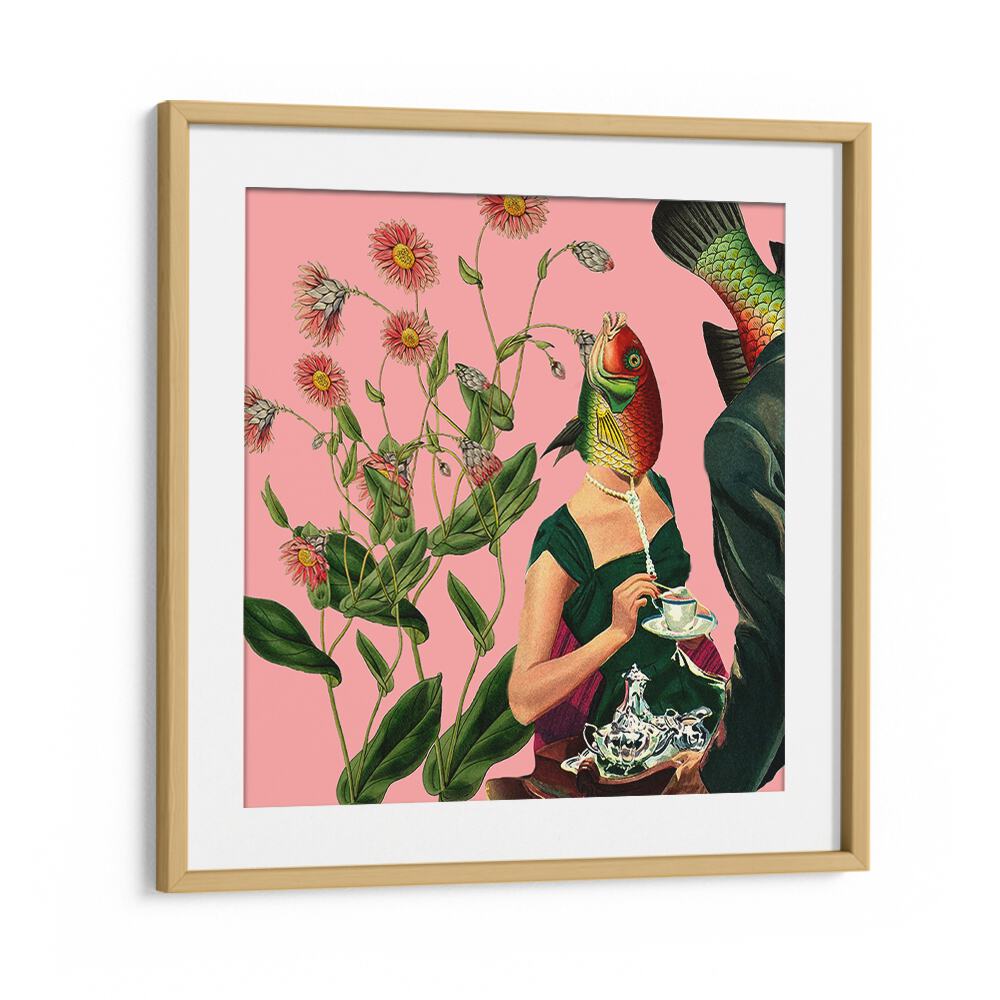 Vibrant Fish Soulmate Pink surreal art prints showcase a captivating collage with dynamic details and colors.