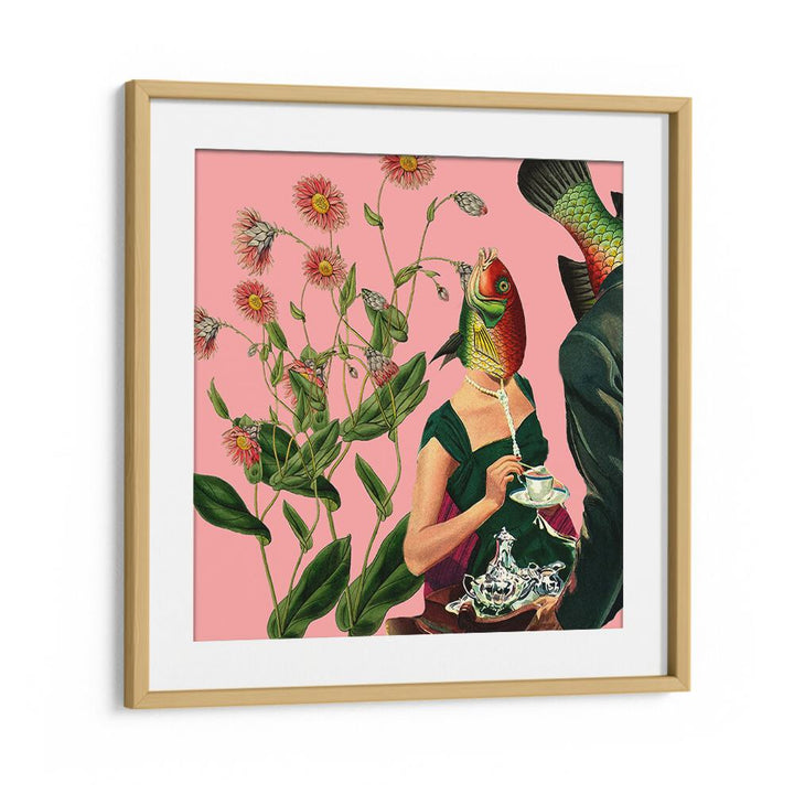 Vibrant Fish Soulmate Pink surreal art prints showcase a captivating collage with dynamic details and colors.