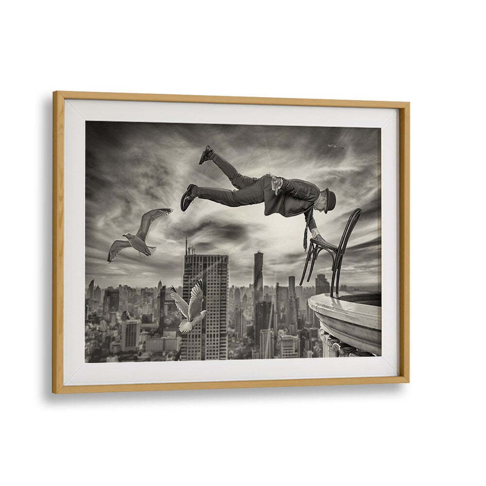 Surreal scene of a man floating above a city, showcasing MAGIC WORLD, PHOTOGRAPHY PRINTS that captivate imagination.