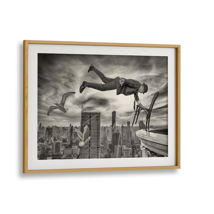 Surreal scene of a man floating above a city, showcasing MAGIC WORLD, PHOTOGRAPHY PRINTS that captivate imagination.