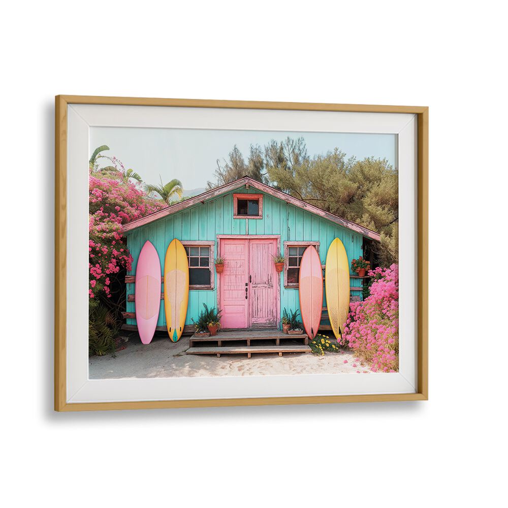 Vibrant PARADISE LOST, BEACH PAINTINGS showcasing a charming beach house with surfboards and blooming flowers.