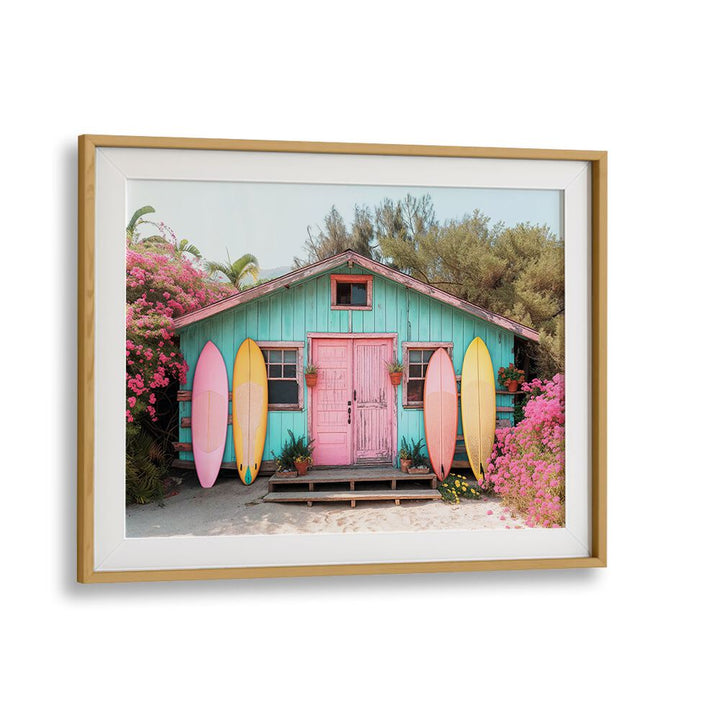 Vibrant PARADISE LOST, BEACH PAINTINGS showcasing a charming beach house with surfboards and blooming flowers.
